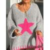 image:imageCHARTOU Women Fuzzy V Neck Off Shoulder Star Graphic Drape Oversized Pullover Sweater with Contrast TrimPink