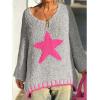 image:imageCHARTOU Women Fuzzy V Neck Off Shoulder Star Graphic Drape Oversized Pullover Sweater with Contrast TrimPink
