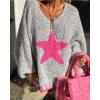 image:imageCHARTOU Women Fuzzy V Neck Off Shoulder Star Graphic Drape Oversized Pullover Sweater with Contrast TrimPink