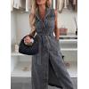 image:imageCHARTOU Women Lapel Sleeveless Denim Shirt Dress Button Down Belted Jean Dress with PocketsGrey