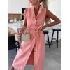 image:imageCHARTOU Women Lapel Sleeveless Denim Shirt Dress Button Down Belted Jean Dress with PocketsPink