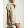 image:imageCHARTOU Women Leopard Denim Mini Dress Lapel Deep V Neck Short Cap Sleeve Summer Shirt DressBeige