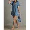 image:imageCHARTOU Women Leopard Denim Mini Dress Lapel Deep V Neck Short Cap Sleeve Summer Shirt DressBlue