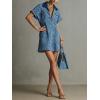 image:imageCHARTOU Women Leopard Denim Mini Dress Lapel Deep V Neck Short Cap Sleeve Summer Shirt DressBlue