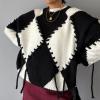 image:imageCHARTOU Women Oversized Y2k Contrast Color Diamond Rib Knit Pullover Sweater Jumper with Drawstring BindingBlack