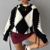 image:imageCHARTOU Women Oversized Y2k Contrast Color Diamond Rib Knit Pullover Sweater Jumper with Drawstring BindingBlack