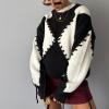 image:imageCHARTOU Women Oversized Y2k Contrast Color Diamond Rib Knit Pullover Sweater Jumper with Drawstring BindingBlack