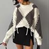 image:imageCHARTOU Women Oversized Y2k Contrast Color Diamond Rib Knit Pullover Sweater Jumper with Drawstring BindingGrey
