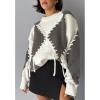 image:imageCHARTOU Women Oversized Y2k Contrast Color Diamond Rib Knit Pullover Sweater Jumper with Drawstring BindingGrey