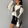 image:imageCHARTOU Women Oversized Y2k Contrast Color Diamond Rib Knit Pullover Sweater Jumper with Drawstring BindingGrey