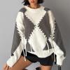 image:imageCHARTOU Women Oversized Y2k Contrast Color Diamond Rib Knit Pullover Sweater Jumper with Drawstring BindingGrey