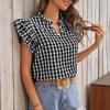 image:imageCHARTOU Women Plaid Summer Top Casual Loose Ruffle V Neck Flutter Sleeve Gingham Tunic Pullover ShirtBlack