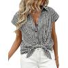 image:imageCHARTOU Women Plaid Summer Top Lapel Cap Short Sleeve Button Down Shirt Dressy Casual Work BlousesBlack