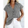 image:imageCHARTOU Women Plaid Summer Top Lapel Cap Short Sleeve Button Down Shirt Dressy Casual Work BlousesBlack