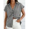 image:imageCHARTOU Women Plaid Summer Top Lapel Cap Short Sleeve Button Down Shirt Dressy Casual Work BlousesBlack