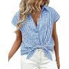 image:imageCHARTOU Women Plaid Summer Top Lapel Cap Short Sleeve Button Down Shirt Dressy Casual Work BlousesBlue
