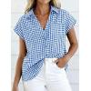 image:imageCHARTOU Women Plaid Summer Top Lapel Cap Short Sleeve Button Down Shirt Dressy Casual Work BlousesBlue