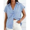 image:imageCHARTOU Women Plaid Summer Top Lapel Cap Short Sleeve Button Down Shirt Dressy Casual Work BlousesBlue