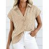image:imageCHARTOU Women Plaid Summer Top Lapel Cap Short Sleeve Button Down Shirt Dressy Casual Work BlousesKhaki