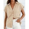 image:imageCHARTOU Women Plaid Summer Top Lapel Cap Short Sleeve Button Down Shirt Dressy Casual Work BlousesKhaki