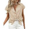 image:imageCHARTOU Women Plaid Summer Top Lapel Cap Short Sleeve Button Down Shirt Dressy Casual Work BlousesKhaki