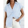 image:imageCHARTOU Women Plaid Summer Top Lapel Cap Short Sleeve Button Down Shirt Dressy Casual Work BlousesLight Blue