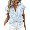 image:imageCHARTOU Women Plaid Summer Top Lapel Cap Short Sleeve Button Down Shirt Dressy Casual Work BlousesLight Blue