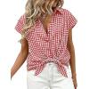 image:imageCHARTOU Women Plaid Summer Top Lapel Cap Short Sleeve Button Down Shirt Dressy Casual Work BlousesRed