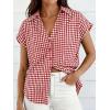 image:imageCHARTOU Women Plaid Summer Top Lapel Cap Short Sleeve Button Down Shirt Dressy Casual Work BlousesRed