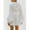 image:imageCHARTOU Women Polka Dot Shirt Mini Dress Puff Sleeve Button Bow Tie High Waist A Line Dress with BeltWhite