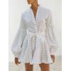 image:imageCHARTOU Women Polka Dot Shirt Mini Dress Puff Sleeve Button Bow Tie High Waist A Line Dress with BeltWhite