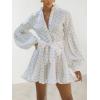 image:imageCHARTOU Women Polka Dot Shirt Mini Dress Puff Sleeve Button Bow Tie High Waist A Line Dress with BeltWhite