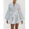 image:imageCHARTOU Women Polka Dot Shirt Mini Dress Puff Sleeve Button Bow Tie High Waist A Line Dress with BeltWhite