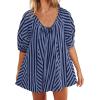 image:imageCHARTOU Women Puff Short Sleeve T Shirt Romper Striped Shirt Dress Jumper Loose Babydoll Summer Flowy Mini RomperDark Blue