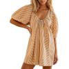 image:imageCHARTOU Women Puff Short Sleeve T Shirt Romper Striped Shirt Dress Jumper Loose Babydoll Summer Flowy Mini RomperKhaki