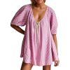 image:imageCHARTOU Women Puff Short Sleeve T Shirt Romper Striped Shirt Dress Jumper Loose Babydoll Summer Flowy Mini RomperPink