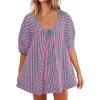 image:imageCHARTOU Women Puff Short Sleeve T Shirt Romper Striped Shirt Dress Jumper Loose Babydoll Summer Flowy Mini RomperPink B