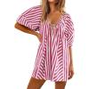 image:imageCHARTOU Women Puff Short Sleeve T Shirt Romper Striped Shirt Dress Jumper Loose Babydoll Summer Flowy Mini RomperRed