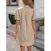 image:imageCHARTOU Women Summer Striped Shirt Dress Lapel Puff Short Sleeve Half Button A Line Dress with PocketsKhaki