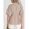 image:imageCHARTOU Women Summer Striped Shirt Top Lapel V Neck Smocked Puff Short Sleeve Babydoll BlousesBrown