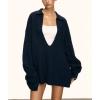 image:imageCHARTOU Women Sweater Shorts 2 Pieces Outfits Fall Oversized Deep V Neck Lapel Pullover Knit Shorts Lounge SetNavy