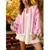 image:imageCHARTOU Womens Contrast Striped Open Front Cardigan Oversized Balloon Sleeve Knit Fall Sweater CoatiganPink