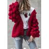 image:imageCHARTOU Womens Cute Lantern Sleeve Cable Knit Sweater Jacket Crochet Open Front CardiganRed