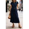 image:imageCHARTOU Womens Denim Midi Dress Short Sleeve Button Down Shirt Dress with Belted Waist for Casual SummerDark Blue