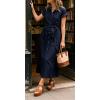 image:imageCHARTOU Womens Denim Midi Dress Short Sleeve Button Down Shirt Dress with Belted Waist for Casual SummerDark Blue