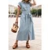 image:imageCHARTOU Womens Denim Midi Dress Short Sleeve Button Down Shirt Dress with Belted Waist for Casual SummerLight Blue
