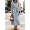 image:imageCHARTOU Womens Denim Midi Dress Short Sleeve Button Down Shirt Dress with Belted Waist for Casual SummerLight Blue