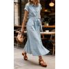image:imageCHARTOU Womens Denim Midi Dress Short Sleeve Button Down Shirt Dress with Belted Waist for Casual SummerLight Blue