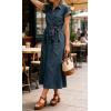 image:imageCHARTOU Womens Denim Midi Dress Short Sleeve Button Down Shirt Dress with Belted Waist for Casual SummerRetro Blue