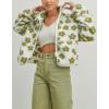 image:imageCHARTOU Womens Floral Print Sherpa Fleece Jackets Zip Up Stand Collar Daisy Jacquard Faux Fur Coat OutwearGreen